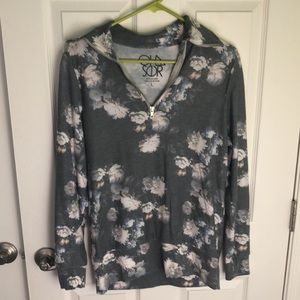 Grey floral print light weight zip up sweatshirt